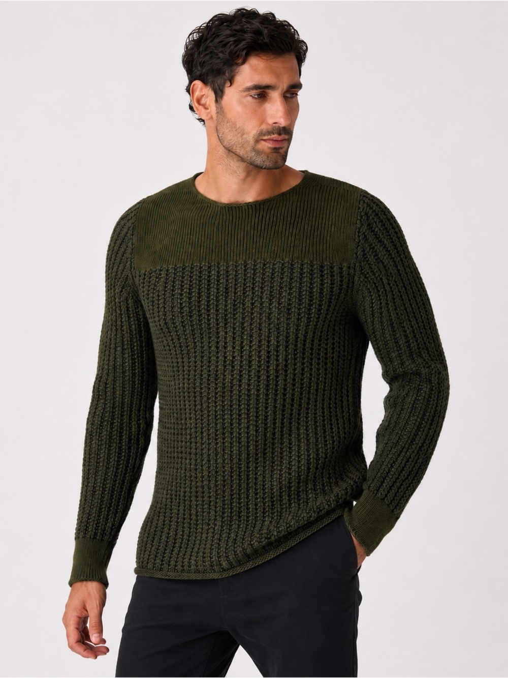 I'M BRIAN Men's Virgin Wool Blend Italy Waffle Knit Crewneck Sweater Green L